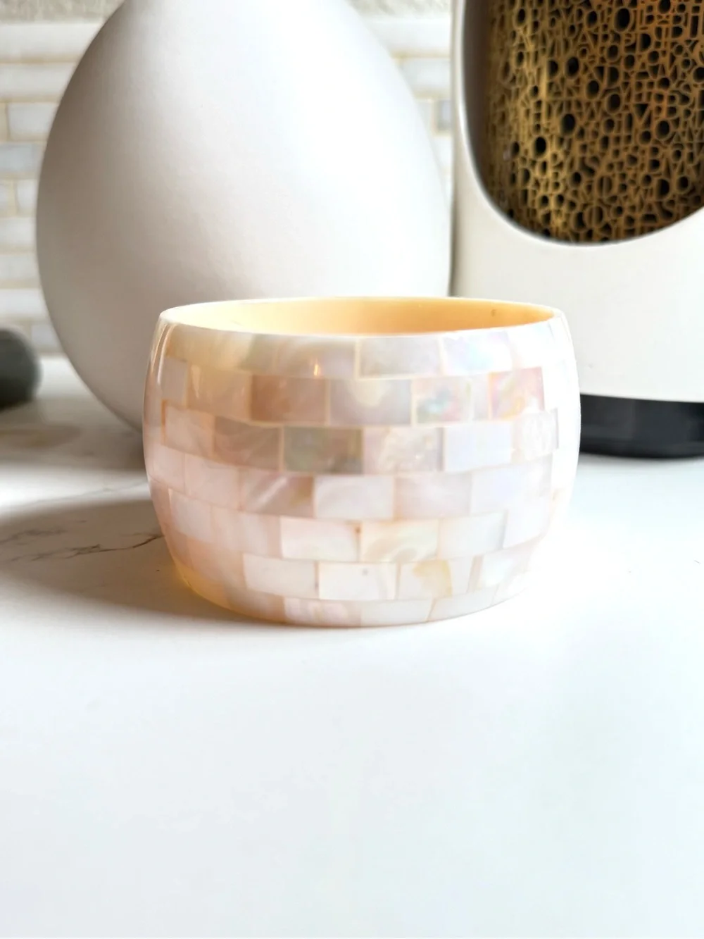 Vintage Chunky White Mother of Pearl Mosaic Wide Bangle Bracelet